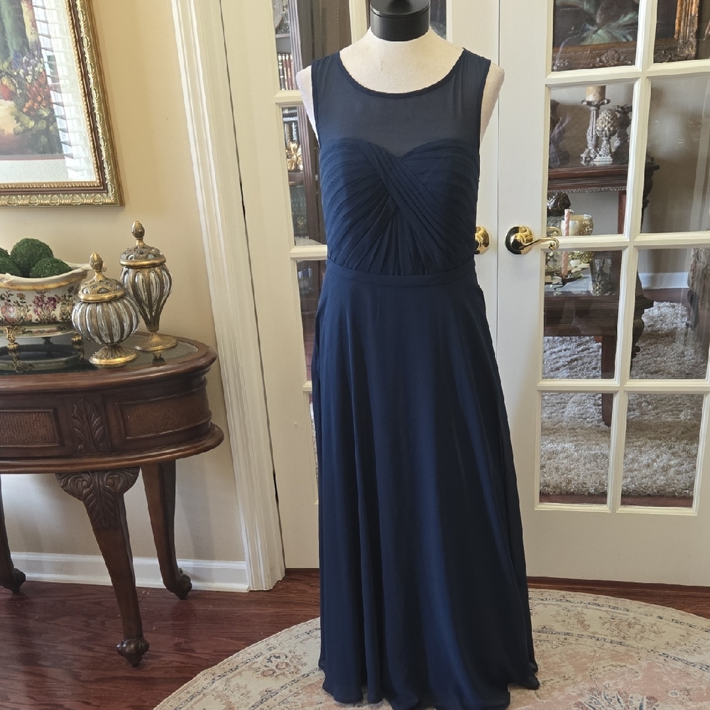 Azazie Navy Sleeveless Chiffon Maxi Dress Sheer Yoke 2 Pocket Fitted Waist 8 EUC